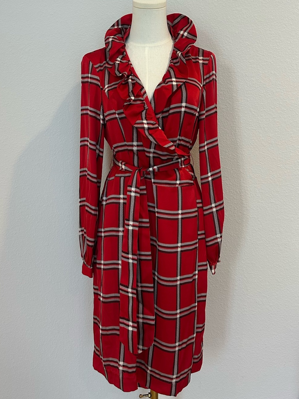 Elizabeth McKay Red Plaid Ruffle Wrap Silk Dress